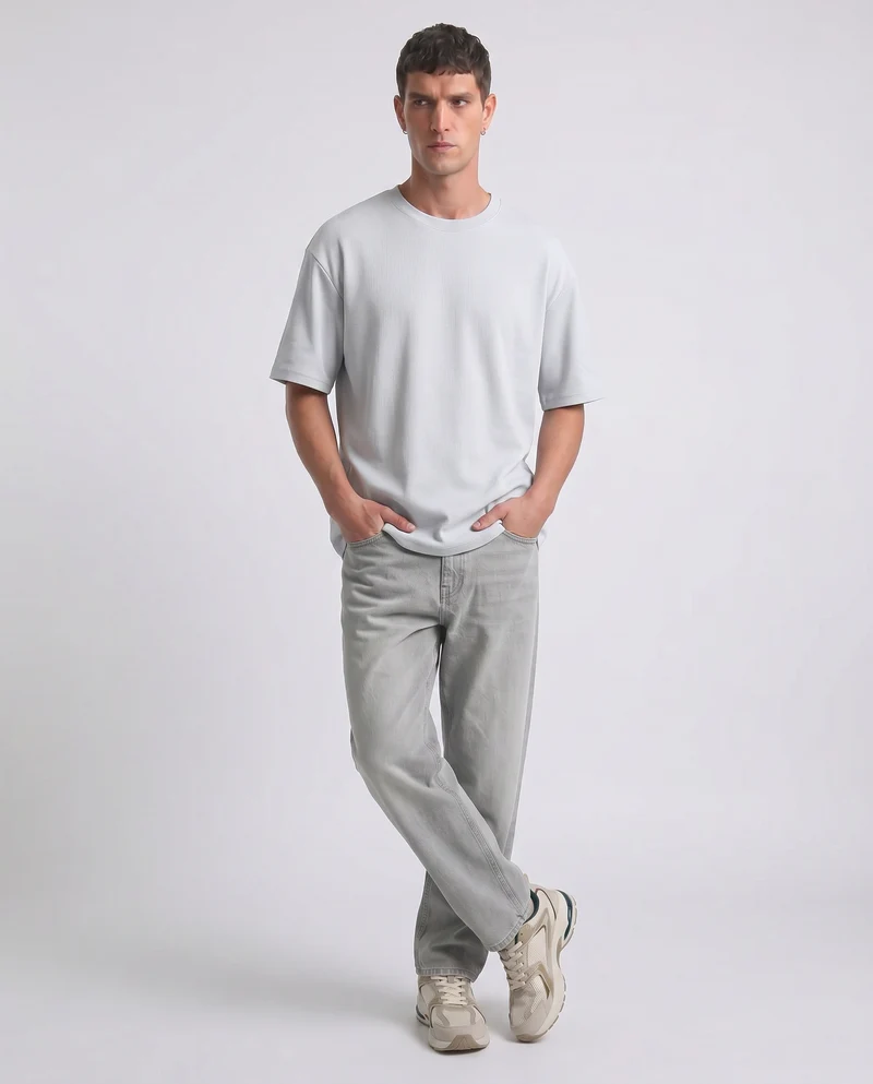 T-shirt girocollo micro waffle regular fit - Celeste polvere