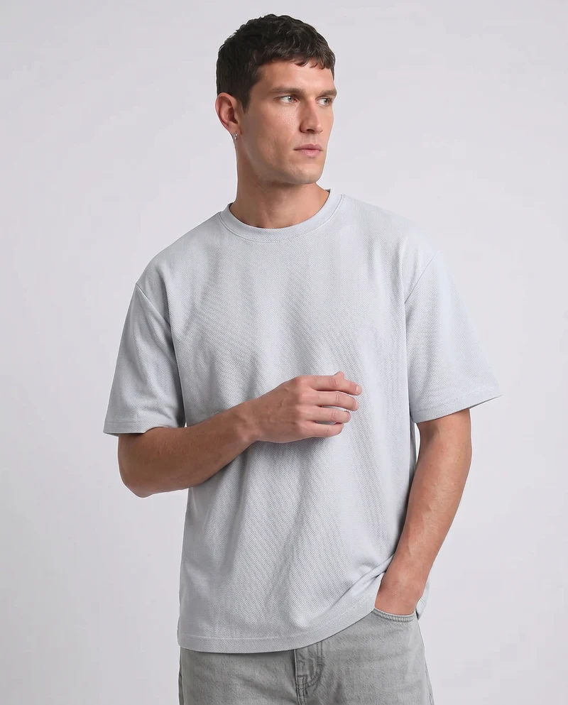 T-shirt girocollo micro waffle regular fit - Celeste polvere