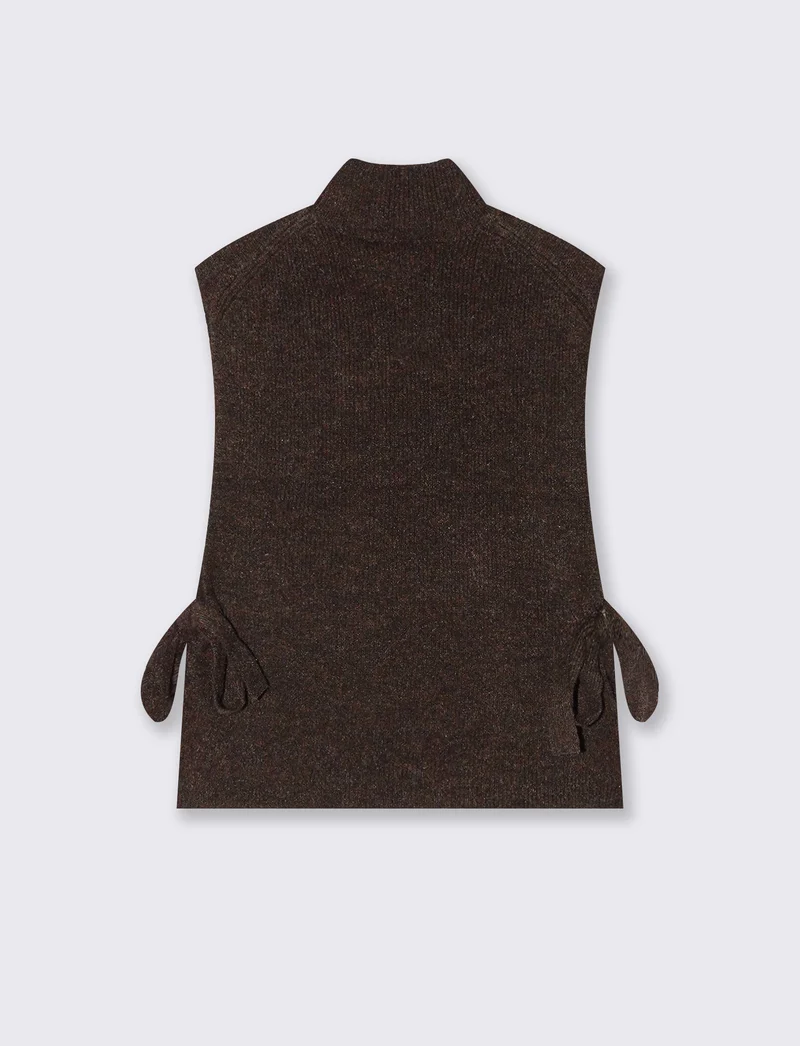 Maglia smanicata a collo alto con fiocco - Moro