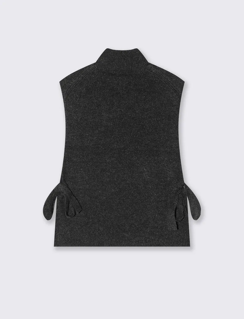 Maglia smanicata a collo alto con fiocco - Nero