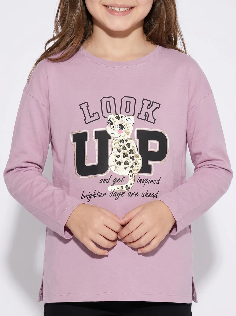 T-shirt lunga girocollo con stampa brillante - Rosa polvere