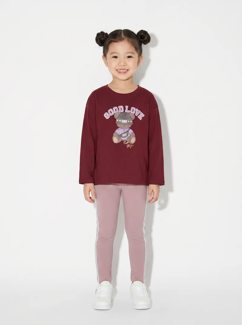 T-shirt lunga girocollo con stampa brillante - Bordeaux