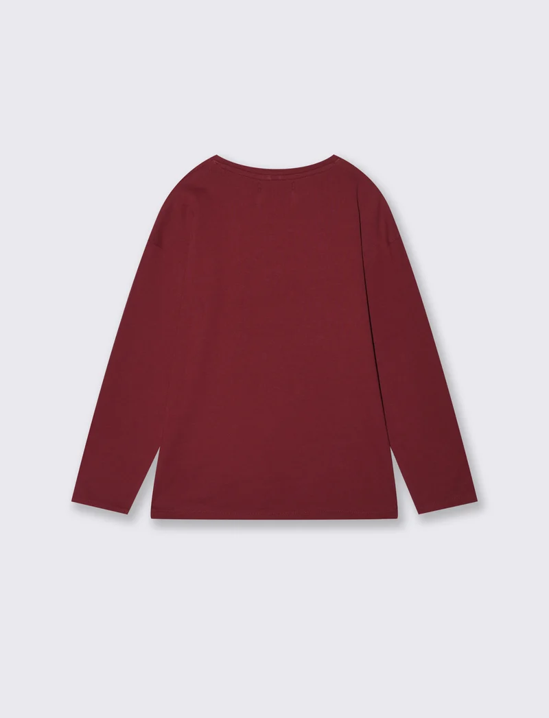 T-shirt lunga girocollo con stampa brillante - Bordeaux
