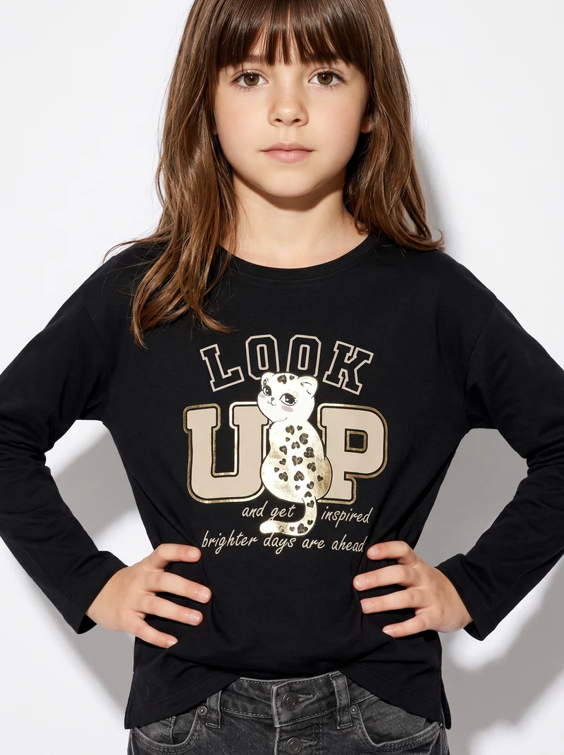 T-shirt lunga girocollo con stampa brillante - Nero