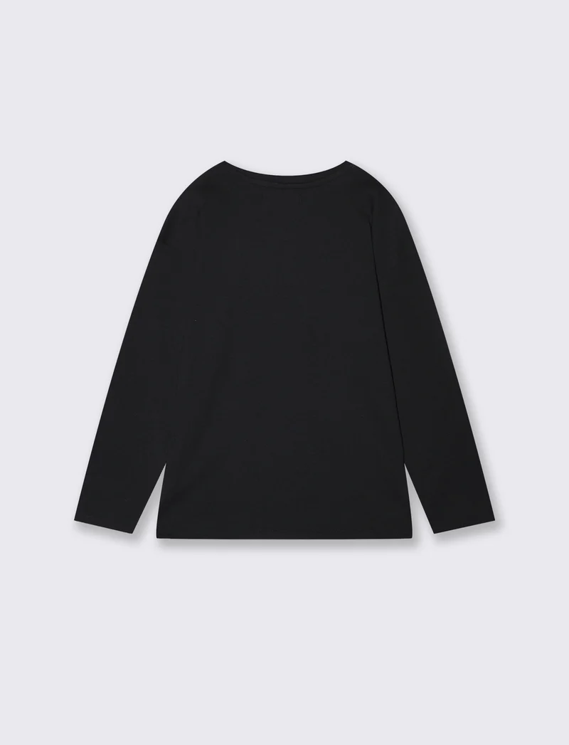 T-shirt lunga girocollo con stampa brillante - Nero