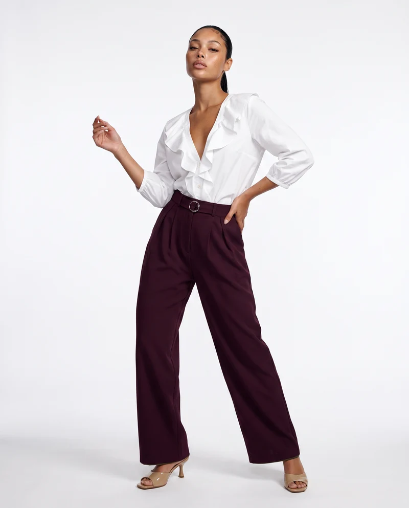 Pantalone wide leg con cintura e pieghe - Bordeaux