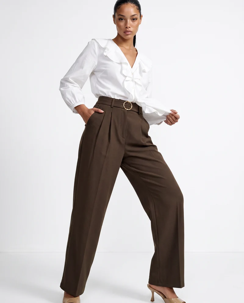 Pantalone wide leg con cintura e pieghe - Moro