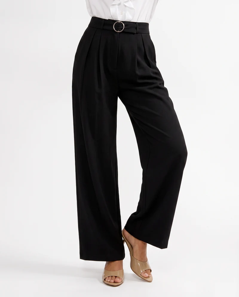 Pantalone wide leg con cintura e pieghe - Nero