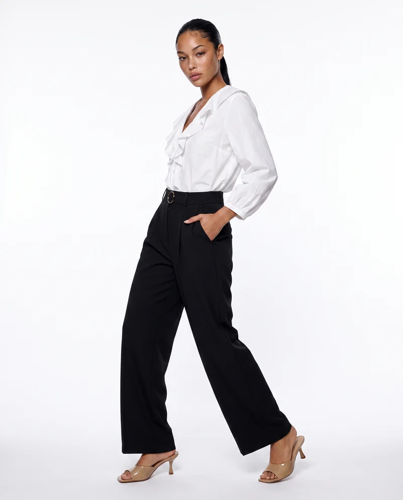 Pantalone wide leg con cintura e pieghe - Nero