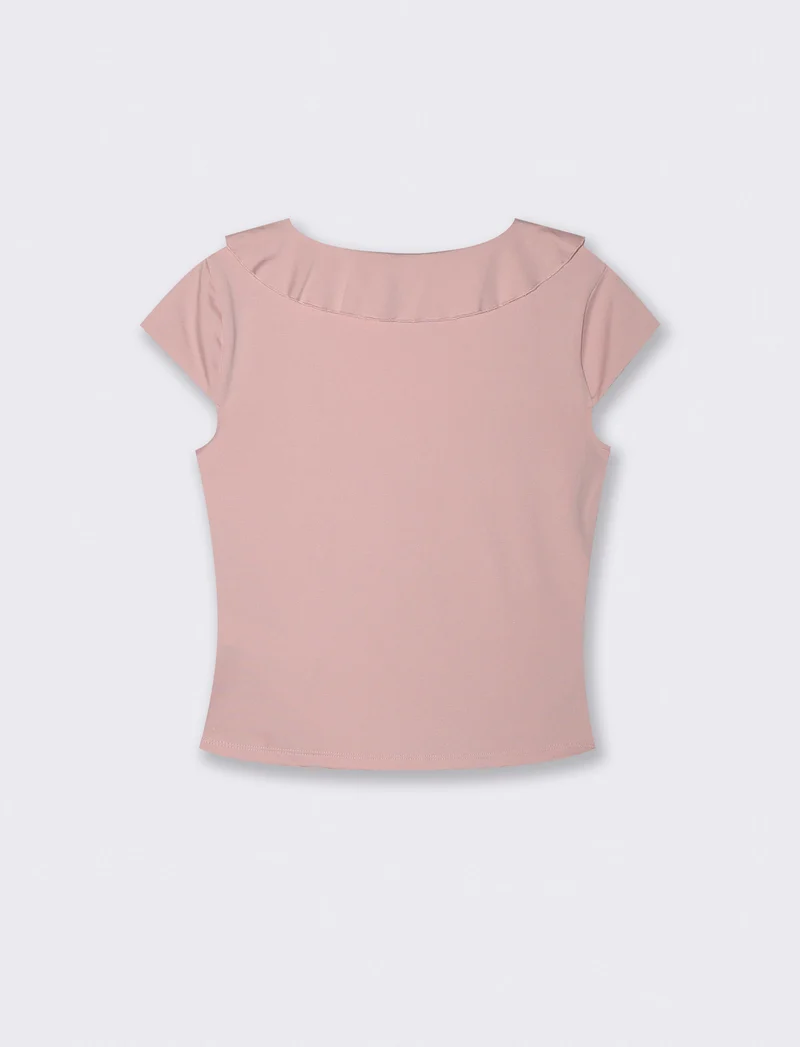 T-shirt manica corta con volant e scollo a V - Rosa