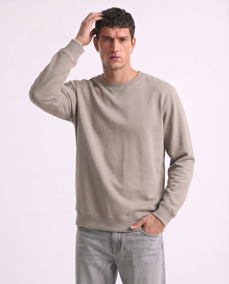 Felpa basic girocollo in misto cotone - Beige