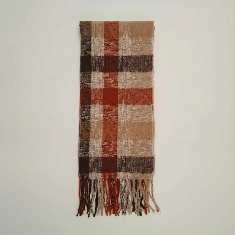 Sciarpa multicolor con frange e quadretti - Moro