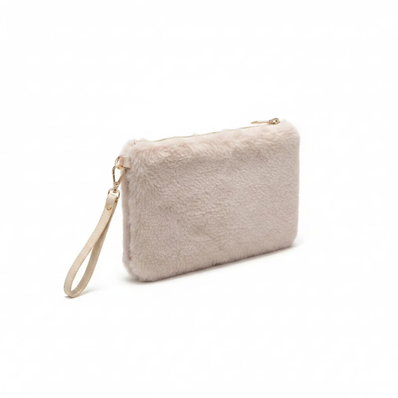 Pochette in finta pelliccia con maniglia - Beige