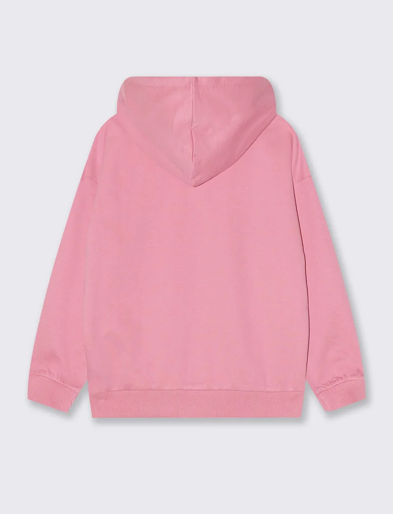 Felpa in cotone con cappuccio e stampa - Rosa candy