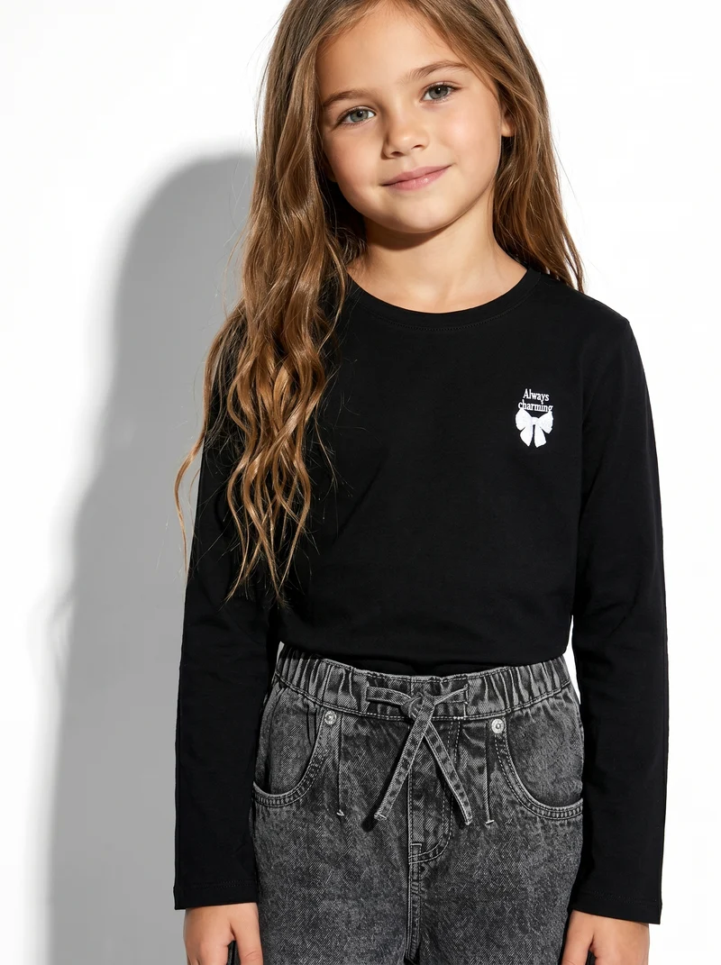 T-shirt maniche lunghe bambina in cotone - Nero