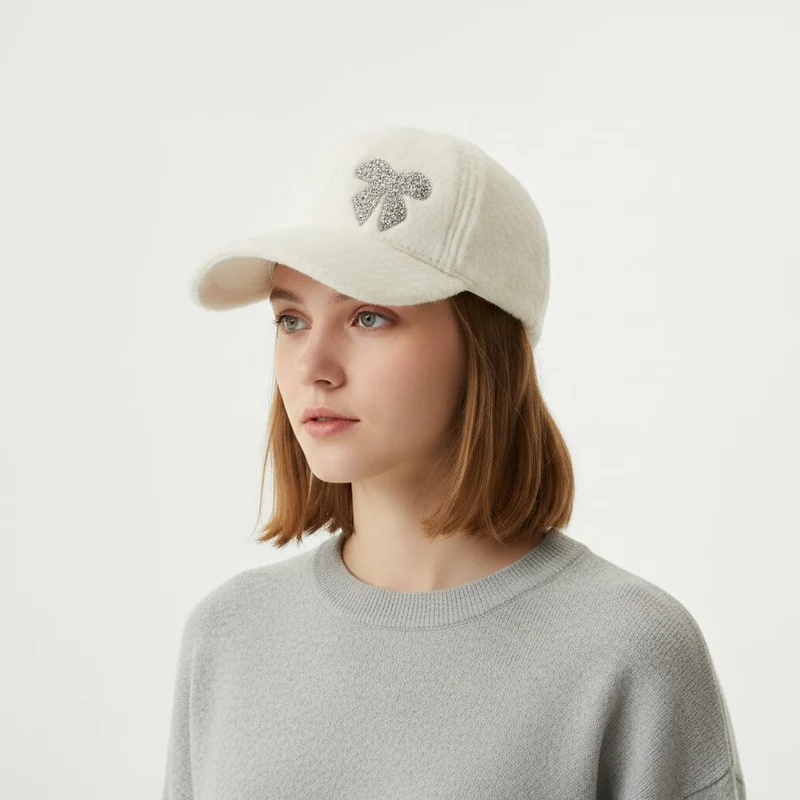 Baseball con fiocco in strass e pelliccia - Bianco
