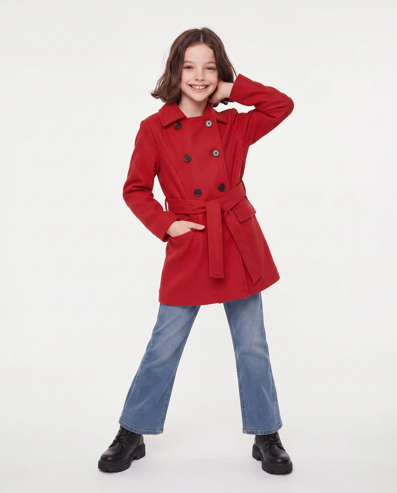 Cappotto in panno morbido con cintura - Rosso