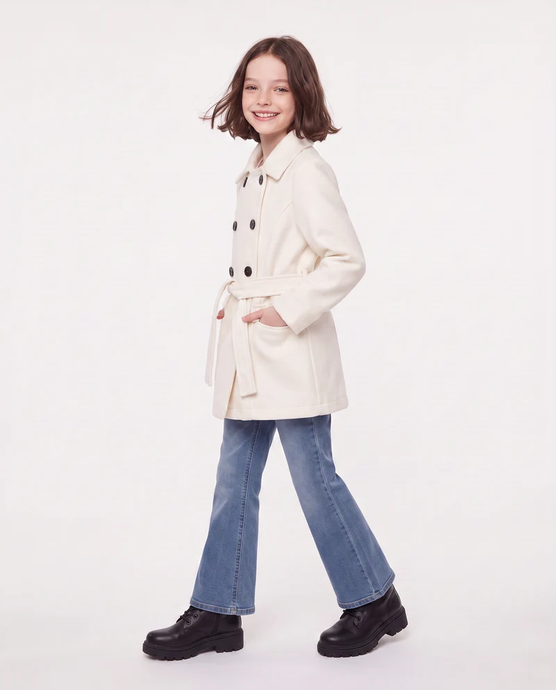 Cappotto in panno morbido con cintura - Bianco latte