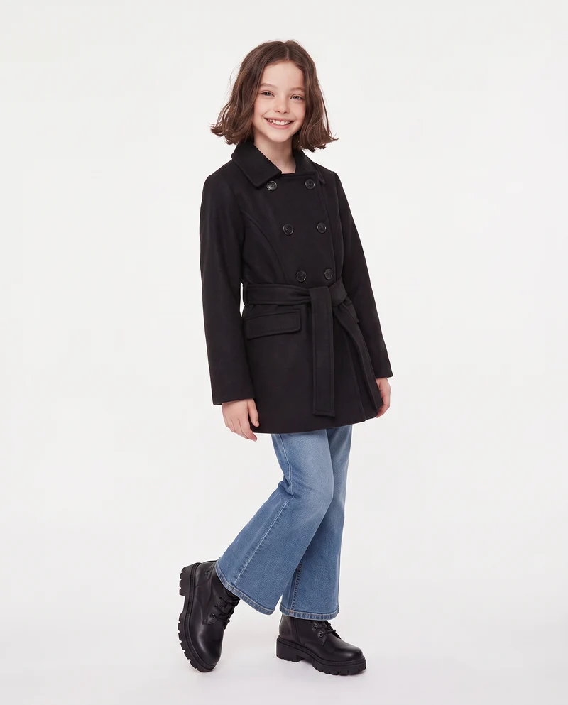 Cappotto in panno morbido con cintura - Nero