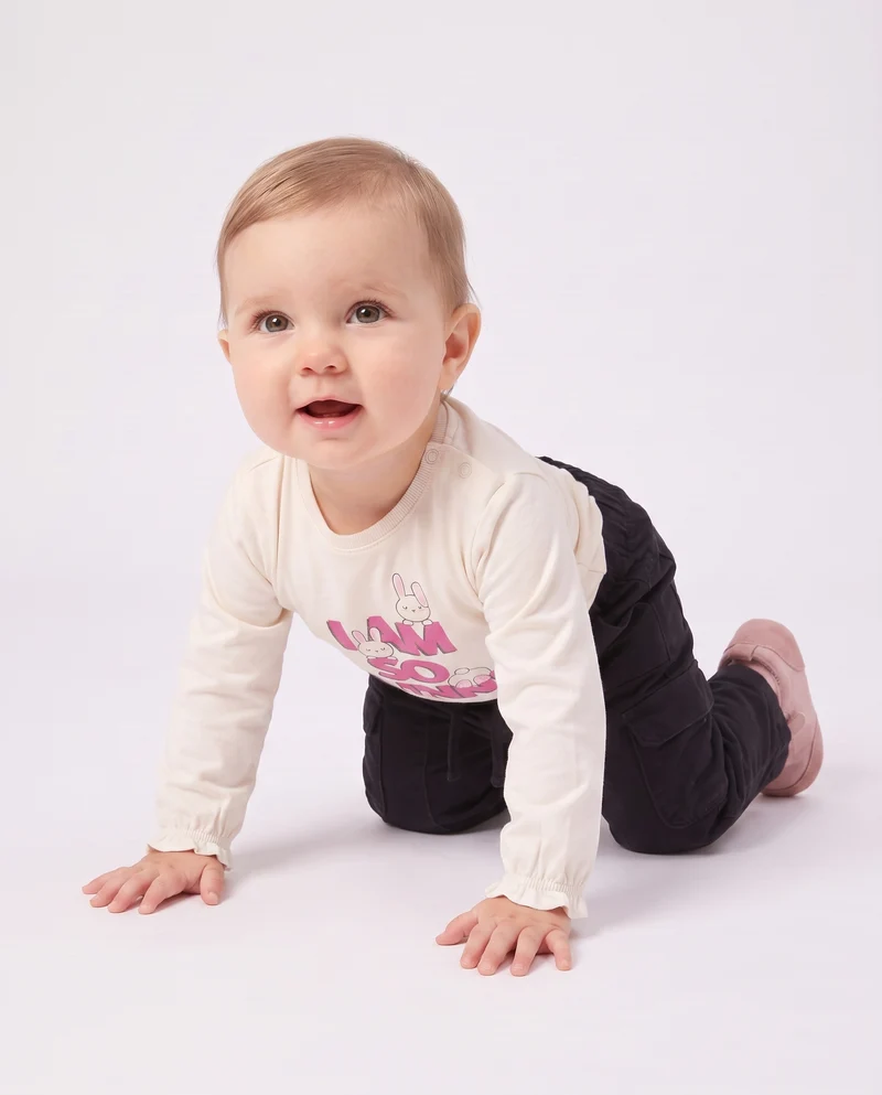 T shirt manica lunga girocollo con stampa - Bianco latte