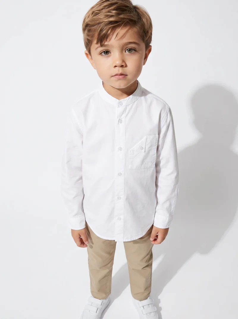 Camicia collo coreano maniche lunghe casual - Bianco latte