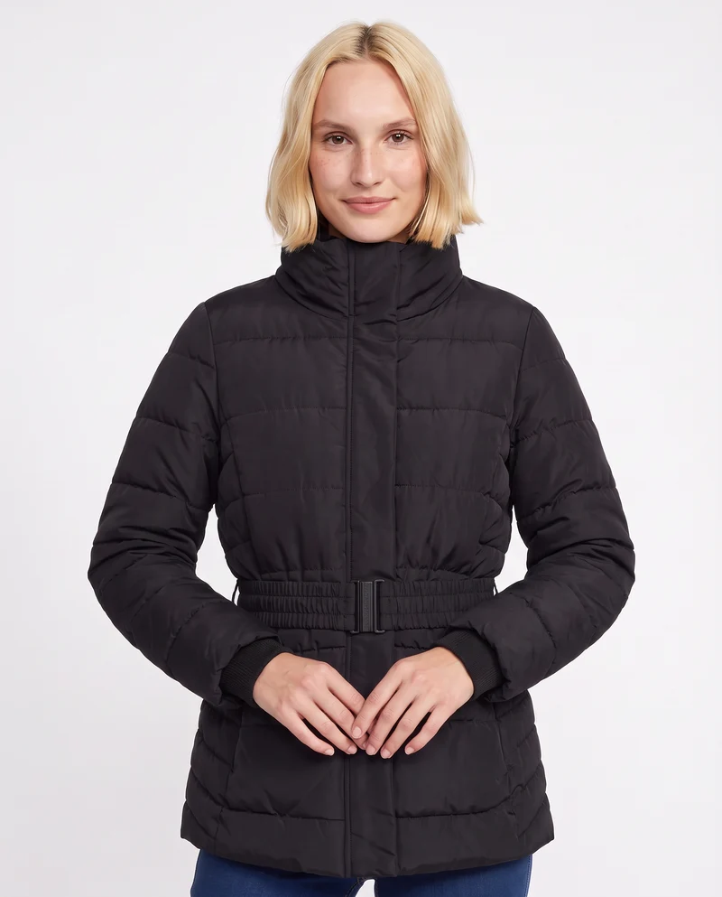 Giubbotto imbottito con cintura elastica - Nero
