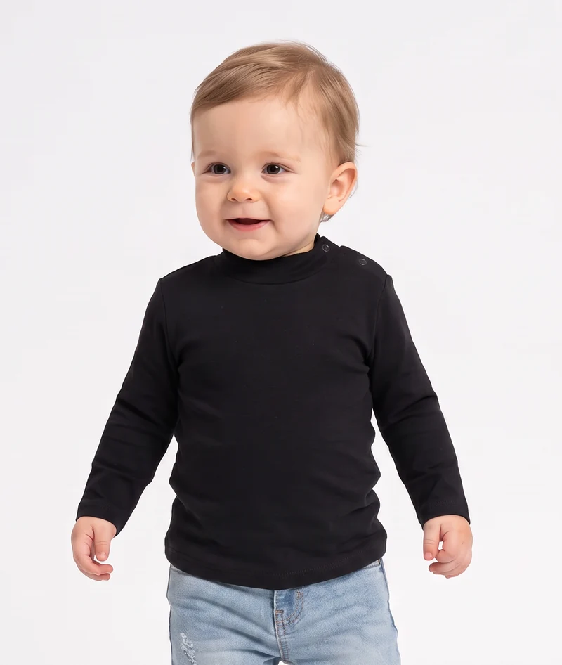 T-shirt interlock collo alto tinta unita - Nero
