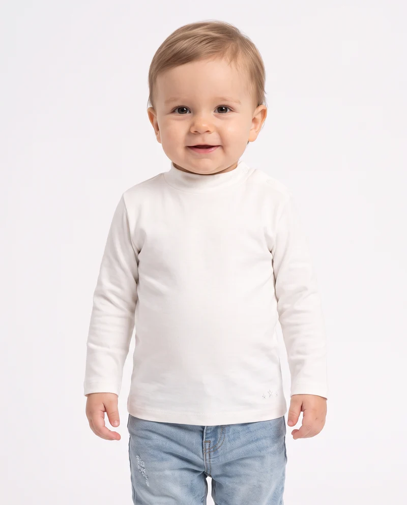T-shirt interlock collo alto tinta unita - Bianco latte