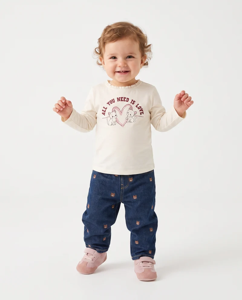 Maglietta manica lunga con strass e stampa - Bianco latte