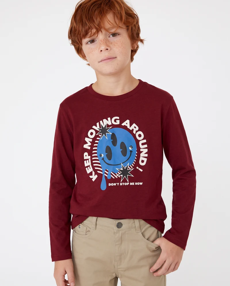 T-shirt manica lunga in cotone con stampa - Bordeaux