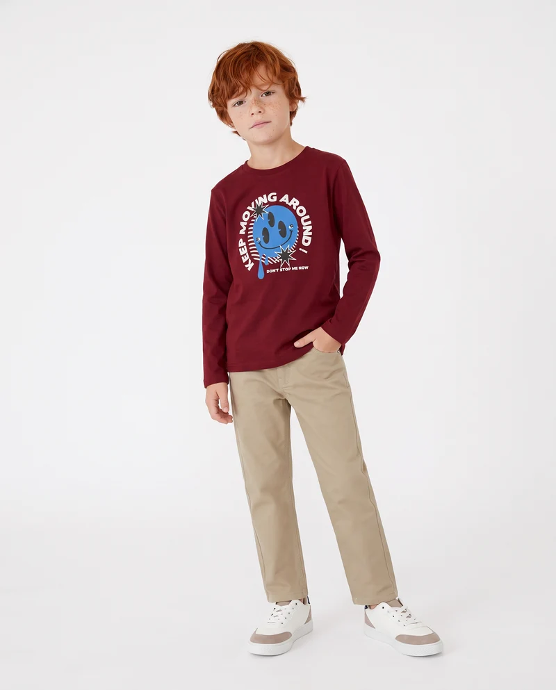 T-shirt manica lunga in cotone con stampa - Bordeaux