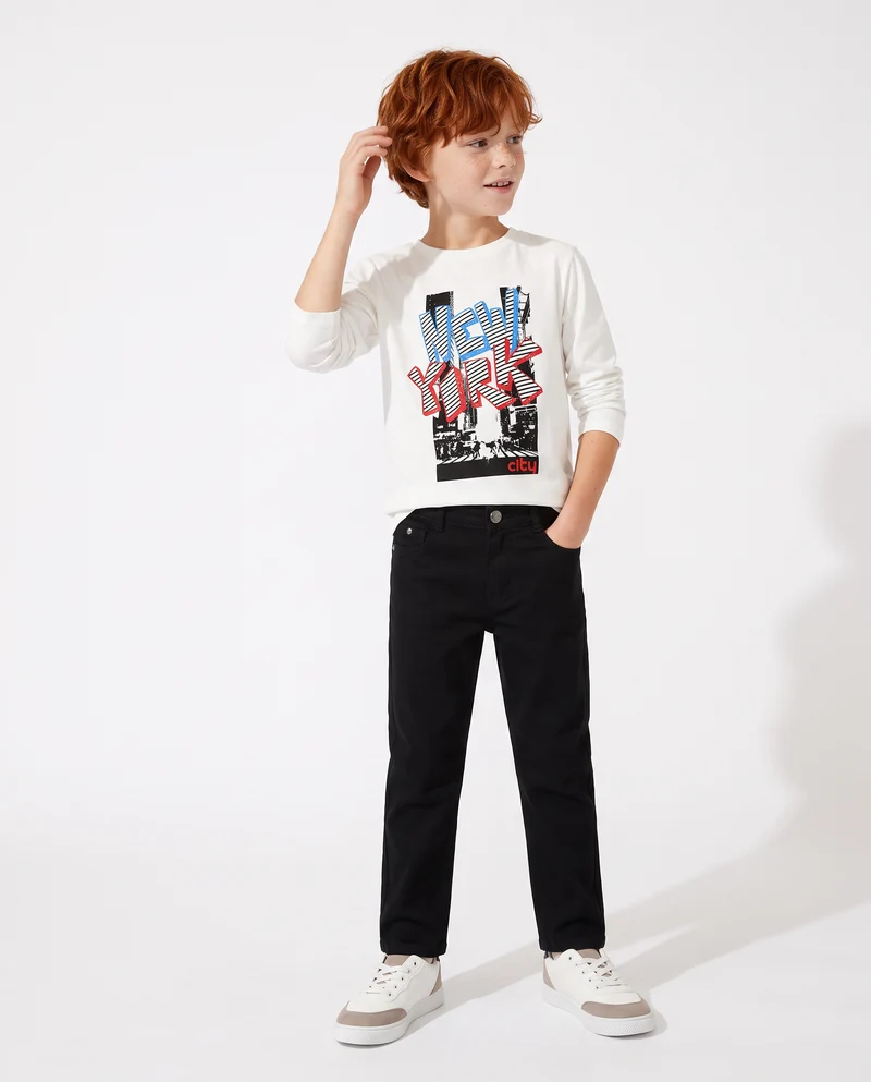 T-shirt manica lunga in cotone con stampa - Bianco latte
