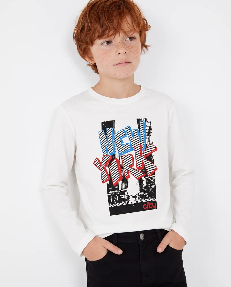 T-shirt manica lunga in cotone con stampa - Bianco latte