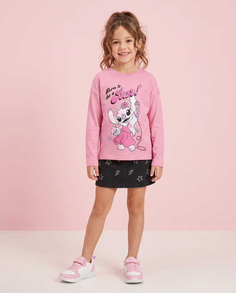 T-shirt manica lunga Stitch/Angel in cotone - Rosa candy