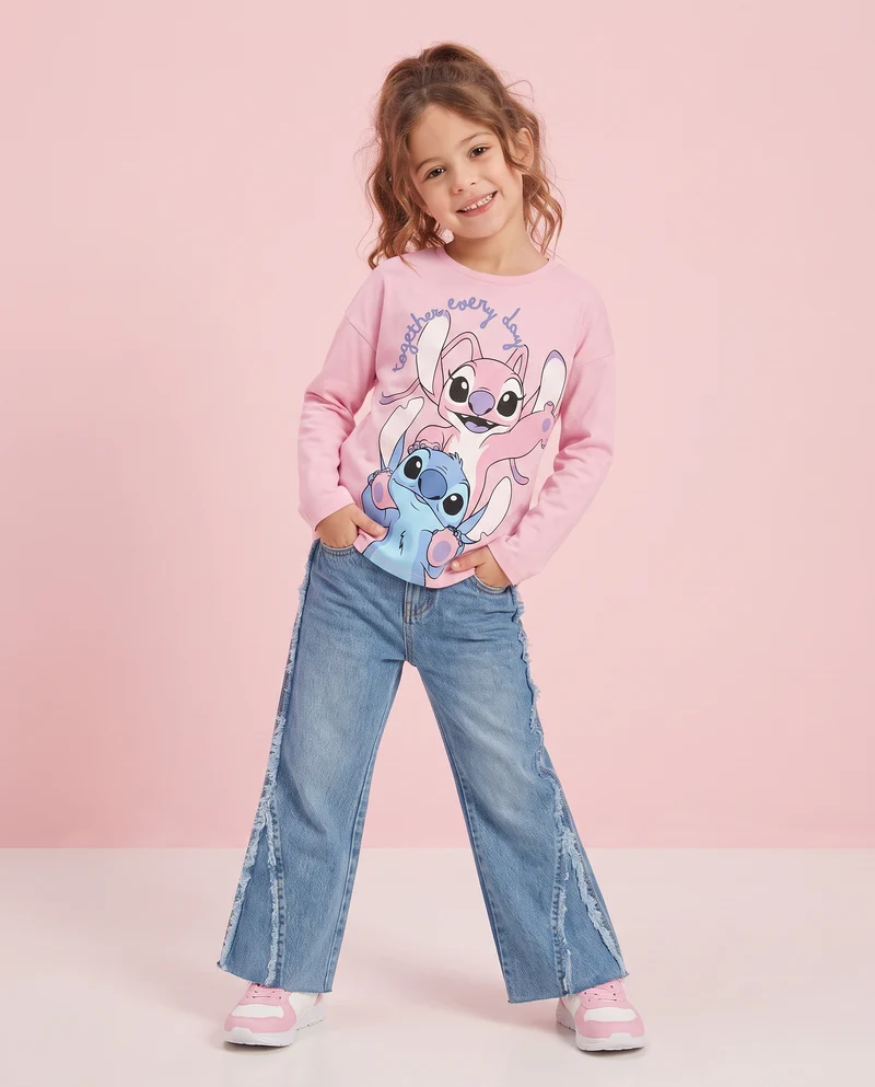 T-shirt manica lunga Stitch/Angel in cotone - Rosa