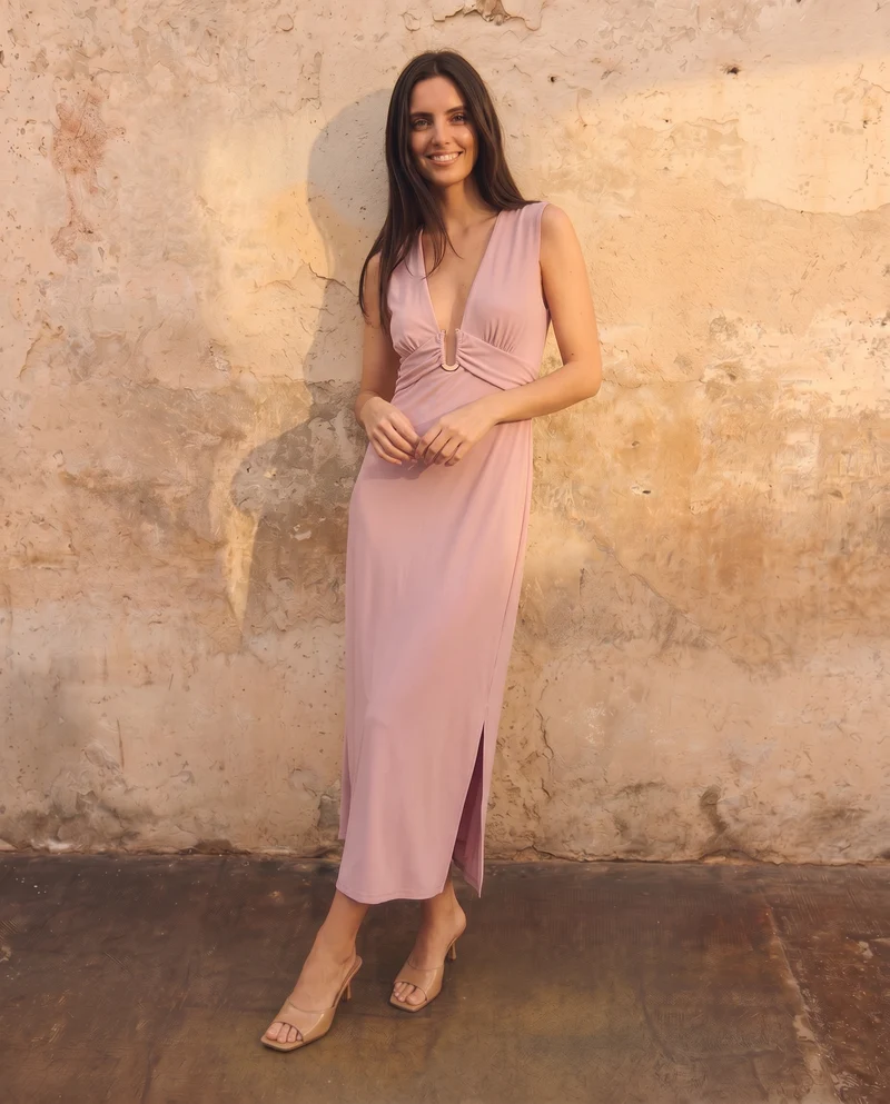 Abito Aderente Midi con Scollo a V - Cipria
