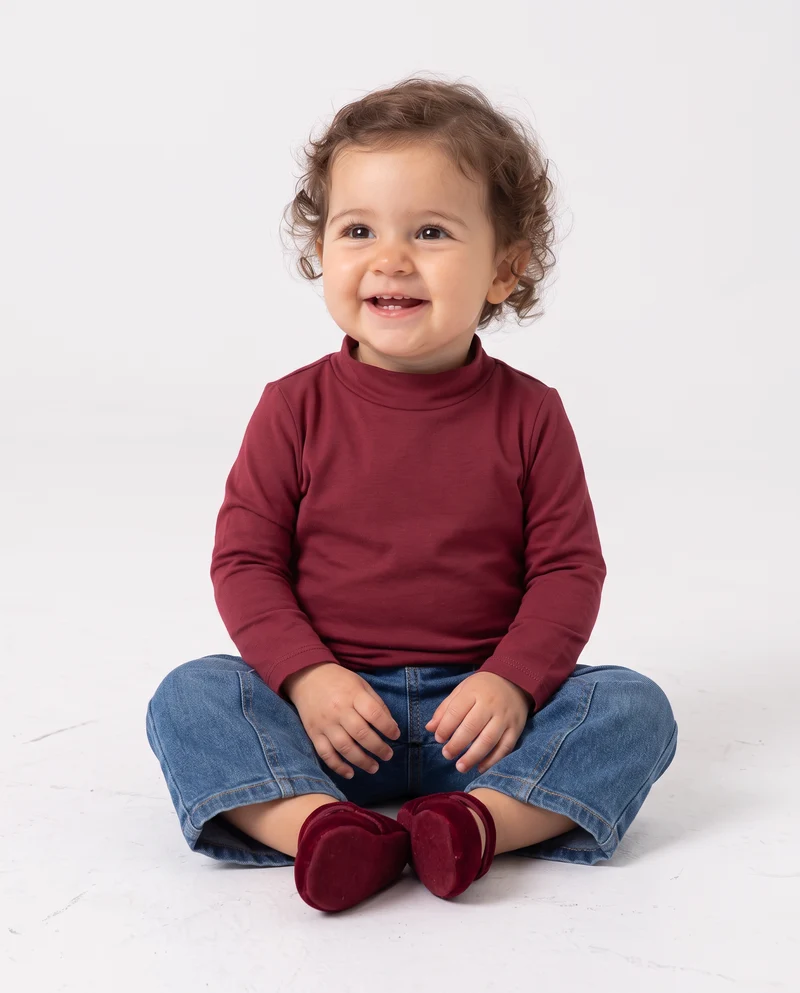 T-shirt basica collo alto manica lunga - Bordeaux