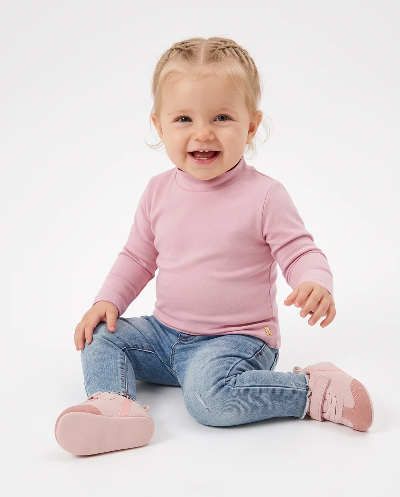 T-shirt collo alto manica lunga interlock - Rosa polvere