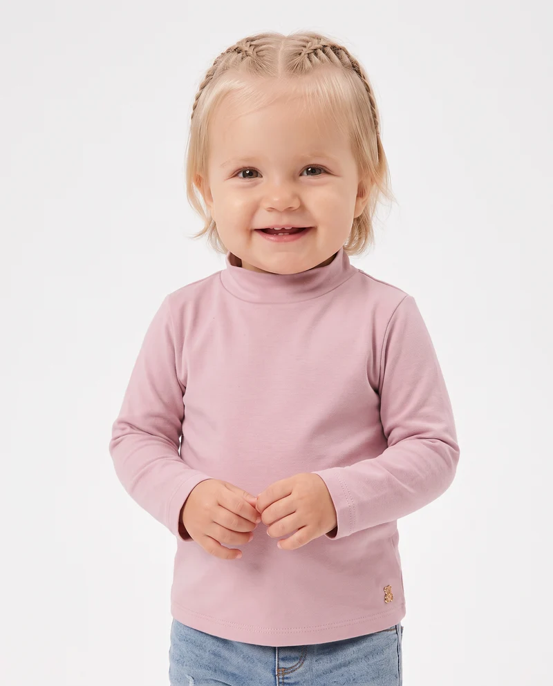 T-shirt collo alto manica lunga interlock - Rosa polvere