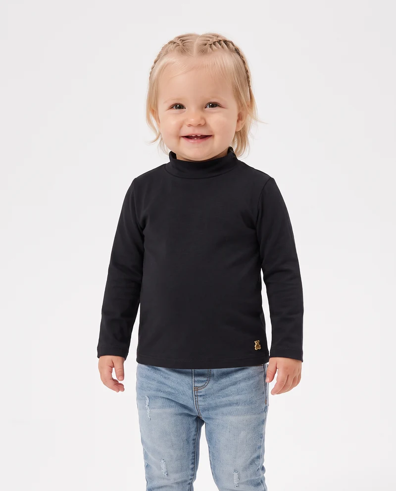 T-shirt collo alto manica lunga interlock - Nero