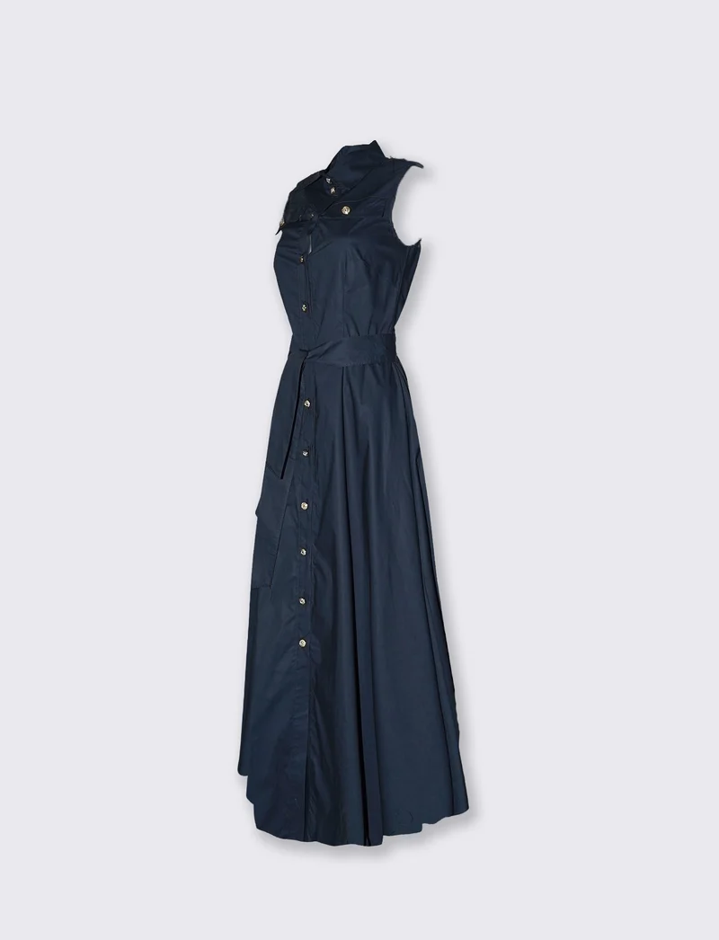 Abito lungo giromanica con cintura - Blu