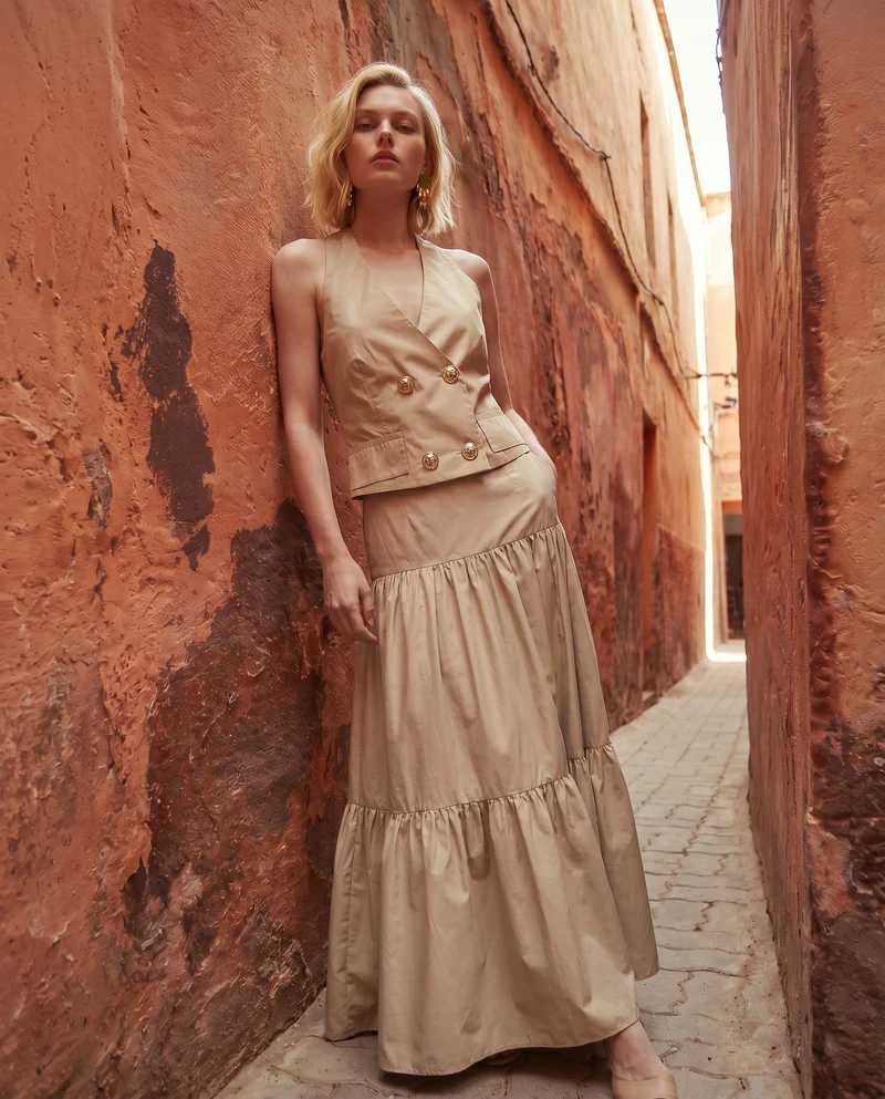 Gonna lunga con balze per ogni occasione - Beige corda