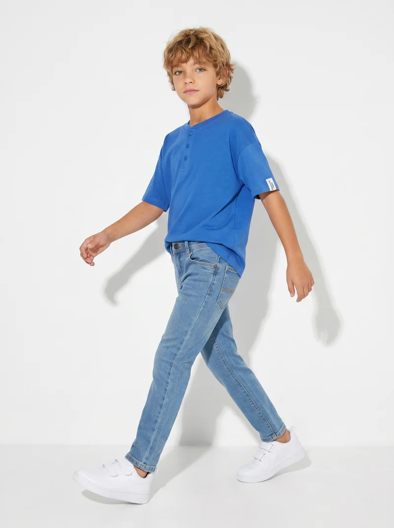 T-shirt Serafino in cotone mezza manica - Azzurro cielo