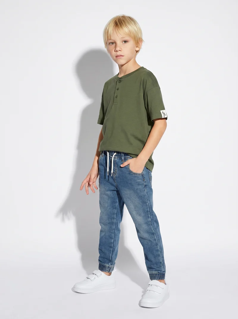 T-shirt Serafino in cotone mezza manica - Verde salvia