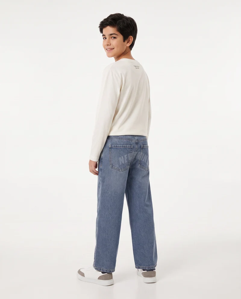 Jeans loose fit con scritta college - Denim