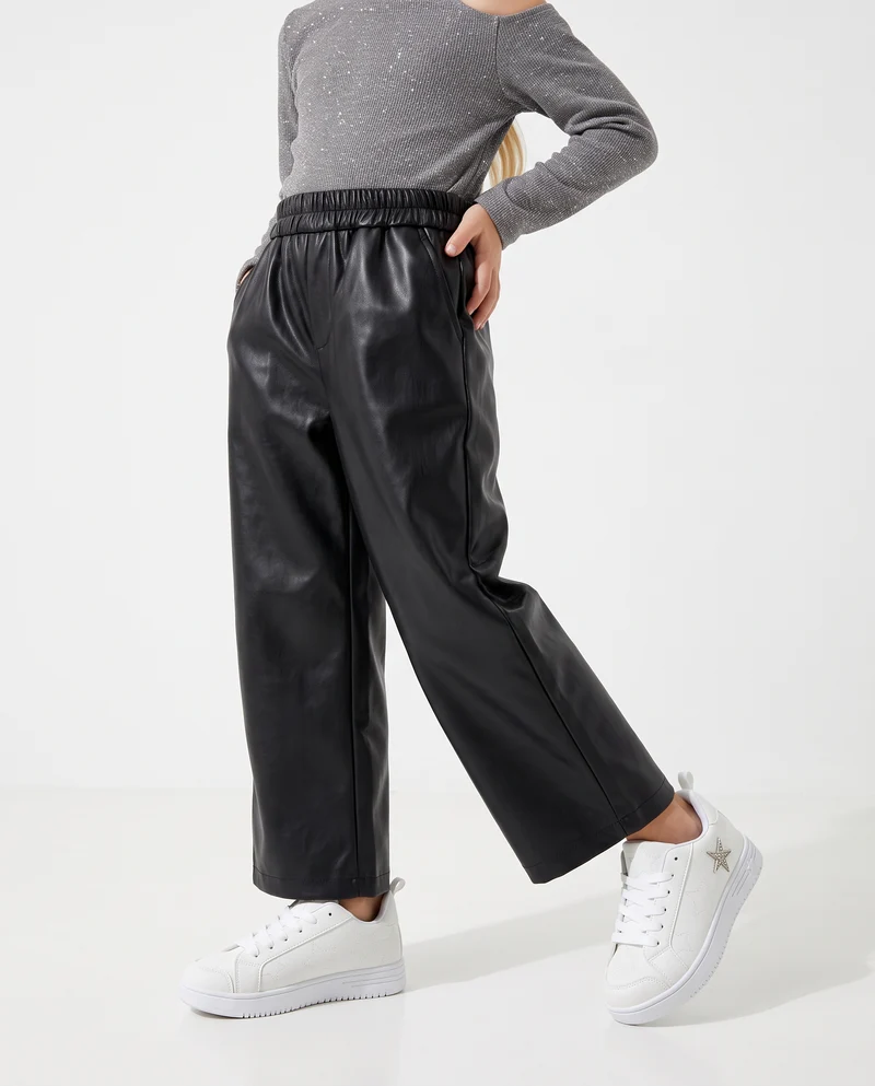Pantaloni wide leg in finta pelle con tasche - Nero