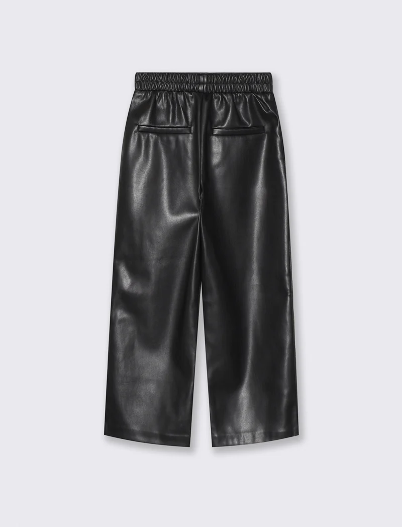 Pantaloni wide leg in finta pelle con tasche - Nero