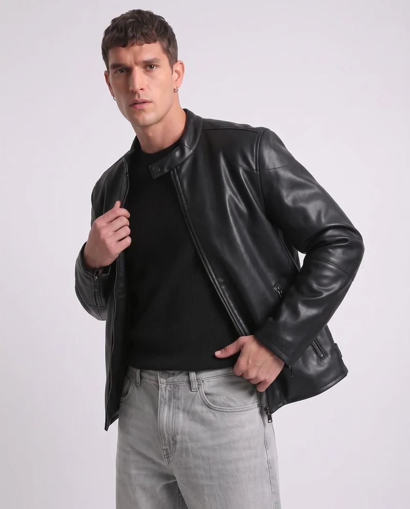 Giubbotto Biker Effetto Pelle con Collo - Nero