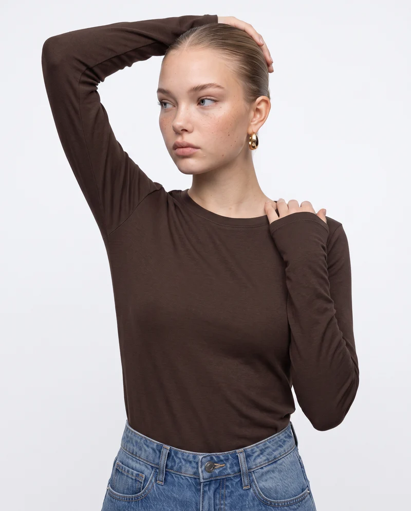 T-shirt basica manica lunga slim fit - Moro