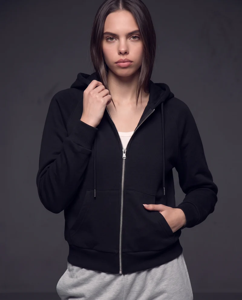 Felpa con cappuccio e zip ampia - Nero